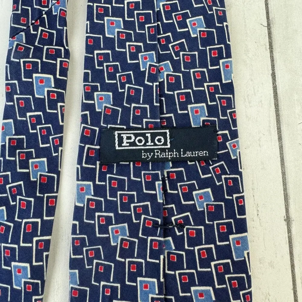 VTG Polo Ralph Lauren Blue/White Silk Handmade Geometric Neck Tie USA